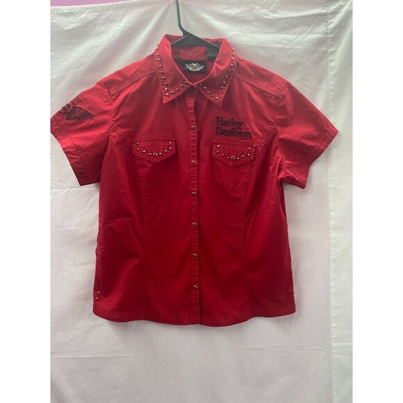 Harley Davidson Women's Red  LG  Studded Collar Short Sleeve Embroidered Shirt - Picture 1 of 16